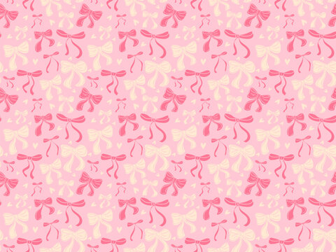 Coquette Seamless Pattern Pink Hand Drawn Stripes with Pastel cute Bow and Ribbon. Wave lines print background. Girly wrapping paper background for Valentine and Birthday. Vector illustration art