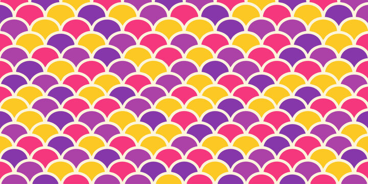 Vibrant fish-scale pattern with pink, purple, and yellow colors on a white background