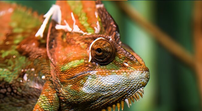 Veiled chameleon head macro, colorful lizard with textured skin and shedding scales, exotic reptile portrait in tropical habitat