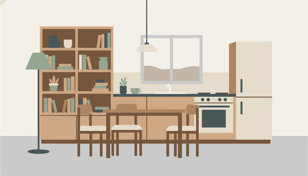 Modern kitchen interior with wooden shelves and dining area illustration
