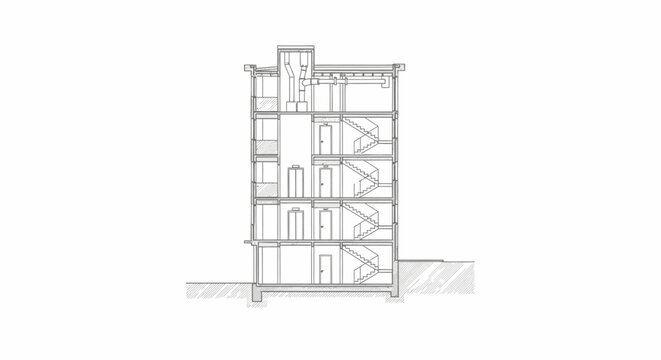 Detailed cross-section blueprint drawing of a multi-story building on an isolated white background.