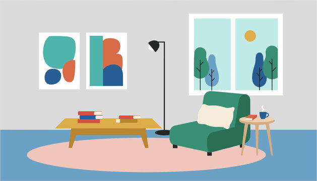 Modern cozy living room corner with armchair, coffee table, and floor lamp