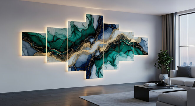 Modern Luxury Living Room Interior with a Large 5Panel Abstract Alcohol Ink Wall Art Featuring Emerald Green Navy Blue and Gold Marble Textures with Backlit Glow