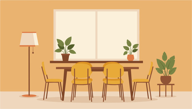 Cozy dining setup with wooden table and yellow chairs in bright room