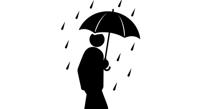 Silhouette of a person walking with an umbrella in the rain on an isolated white background, depicting a rainy day.