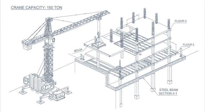 Isometric view of a building construction site with a crane and structural elements, industrial development blueprint on isolated white background.