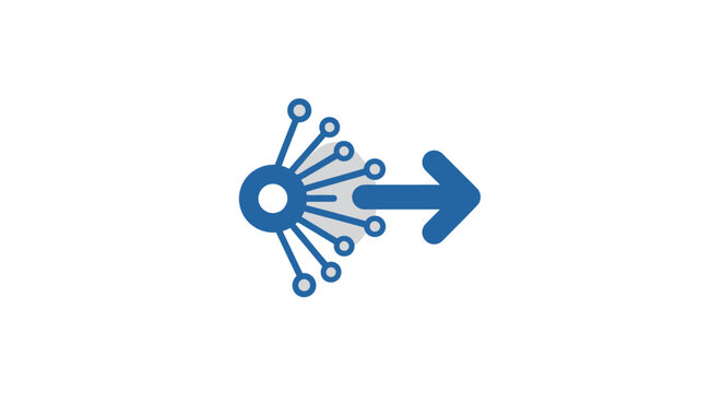 Abstract blue icon representing data distribution and network connection with an arrow pointing forward, symbolizing expansion and information spread on an isolated white background.