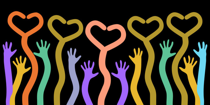 Colorful hands reaching up with heart shapes vector illustration