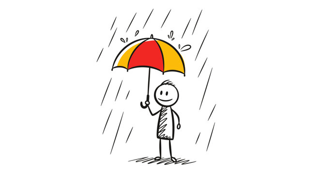 A simple stick figure cartoon character holding a red and yellow umbrella in the rain on a white background.