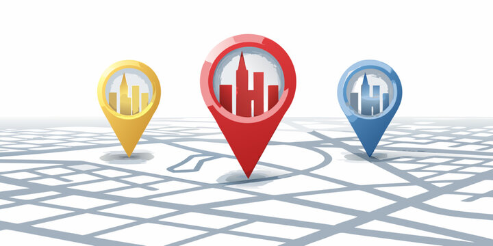 Three city location markers on a map 3d render