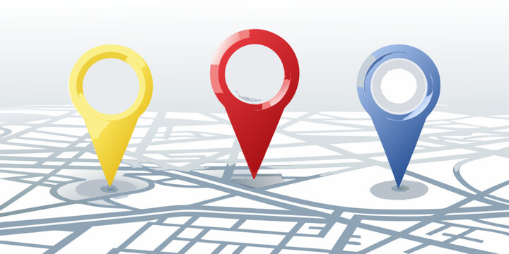 gps marker icons on city map yellow red and blue