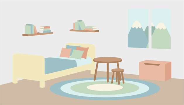 Minimalist bedroom interior with bed, table, bookshelf, and mountain wall art