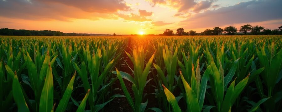Rows of green corn stalks stretch towards vibrant sunset sky. Golden sun dips below horizon casting warm light across agricultural field. Rich leaves and fertile earth create natural landscape.