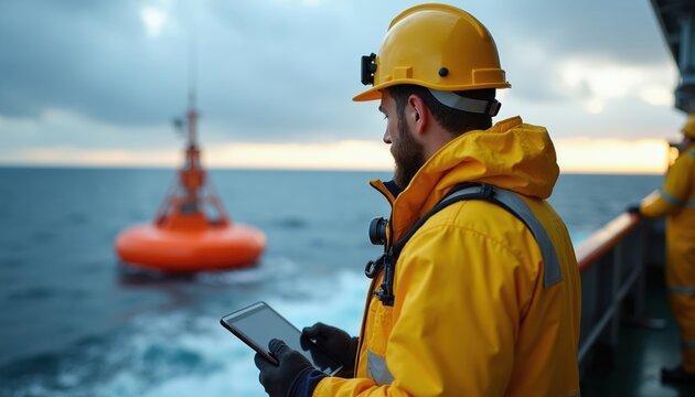 Man in yellow jacket and hard hat holds tablet on research ship. Orange buoy floats on ocean water near vessel. Another worker stands on deck near railing looking at sea.