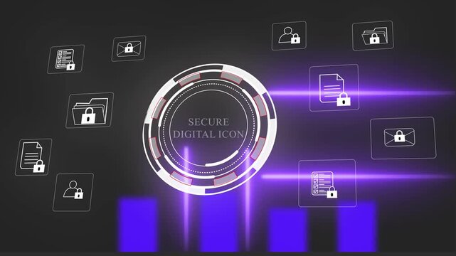 Advanced cybersecurity interface featuring animated digital lock and glowing purple data network nodes for secure information protection and modern enterprise cloud