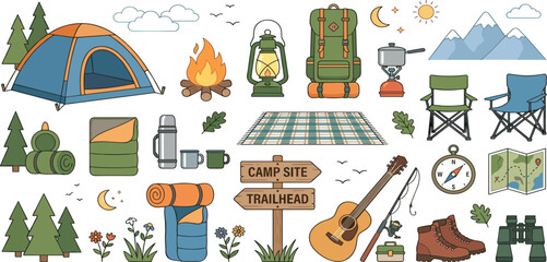 Camping and outdoor adventure vector illustration set with tent backpack campfire mountain and hiking equipment icons © MST HASMOTARA