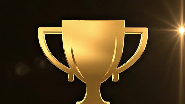 Metallic vector trophy icon with reflective chrome gold finish, animated light sweep passing across surface, dark neutral background, camera close-up macro view, ultra detailed highlights