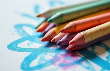 Obraz premium Pastel crayons lay on white paper with blue scribbles. Colored drawing tools create artwork. Kids use pastels for fun, education, and art projects. Bright colors, creative hobby.