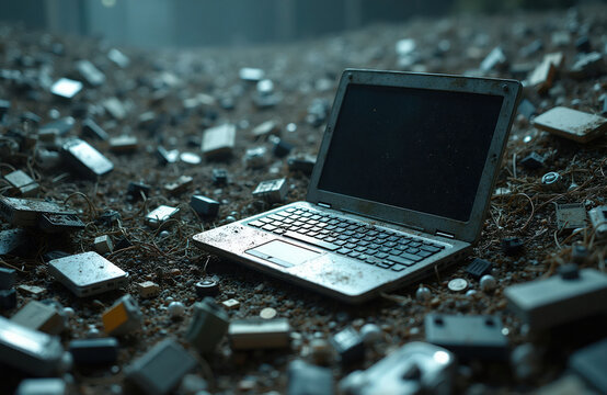 Discarded old laptop lies on heap of e-waste with wires and circuit parts. Broken computer junk symbolizes obsolete tech, electronic garbage, environmental pollution, and digital waste problem.