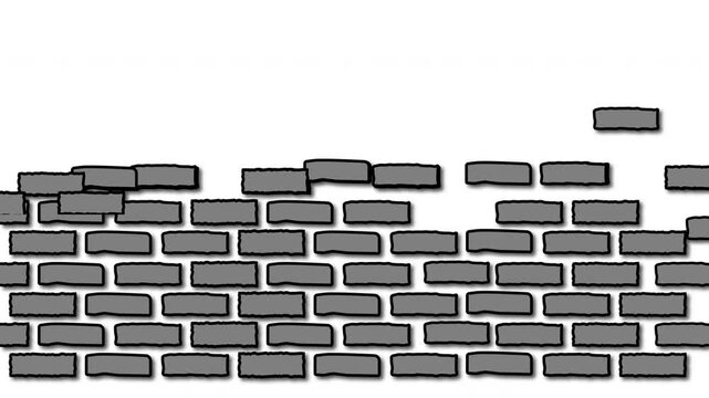 Brick wall construction. Gray bricks installing, building wall. Concept of construction, protection, craftsmanship and module structure. White background.
