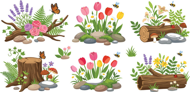 Collection of garden nature vector illustrations with colorful flowers tulips lavender butterflies bees logs and rocks