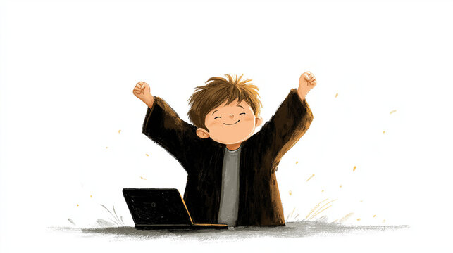 Joyful Victory: An illustration of a happy individual celebrating success in front of a laptop, capturing the elation of accomplishment.