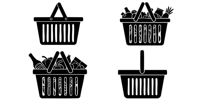 Four shopping baskets filled with various grocery items on a white background