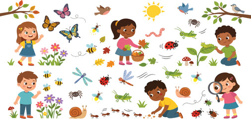 Diverse children exploring nature and studying insects in garden with butterfly ladybug and autumn leaves vector illustration set © MST HASMOTARA