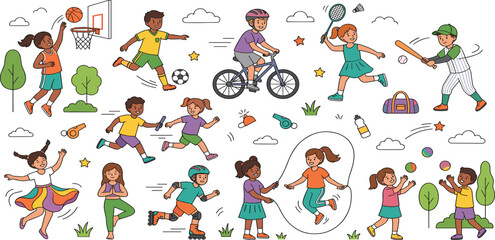 Fototapeta premium Diverse children practicing various sports and physical activities vector illustration set on white background