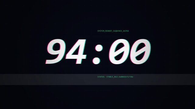 Digital Countdown Timer Clock Displaying Glitch Effect for System Reboot