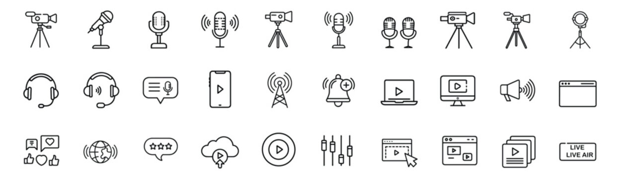 Multimedia podcast web line icons set video production broadcasting studio & more vector illustration with editable stroke