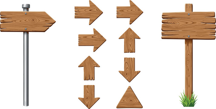 PrintWooden directional sign set with blank timber planks and arrow pointers on white background for navigation pathfinding park trail markers and rustic information boards.