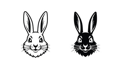 Obraz premium Cute rabbit head portrait in detailed line art and solid black silhouette styles for Easter branding or animal mascot logo design and children product packaging or vector graphic illustration
