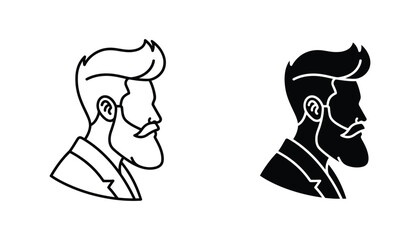Profile portrait of a handsome bearded man with stylish haircut in line art and solid black silhouette styles for barber shop branding or men grooming product logo design and vector graphics © Iso