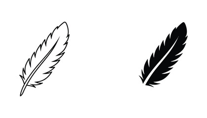 Single delicate feather as a stylized vector graphic icon in both fine line art and solid black silhouette variations for minimalist design or creative art projects © Iso