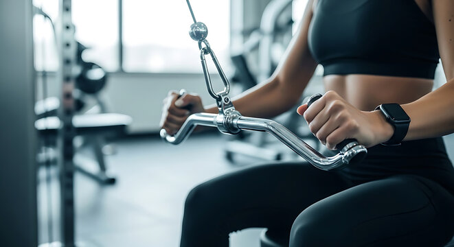 Athletic woman performing a lat pulldown on a cable machine at a modern gym closeup of hands on handle grip focusing on strength training and fitness lifestyle