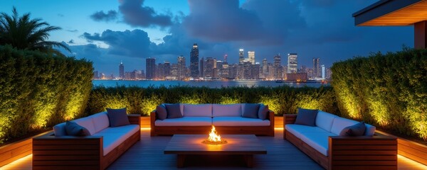 Obraz premium Modern terrace with seating and fire pit overlooks city skyline at night. Lush green plants and soft lighting create a luxurious ambiance for outdoor relaxation and entertainment.