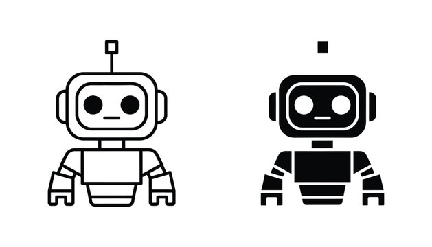 Friendly robot character icon set in line art and solid black silhouette for technology and artificial intelligence concepts