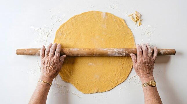 Senior woman hands rolling fresh pasta dough with wooden rolling pin traditional home cooking preparation on clean kitchen surface