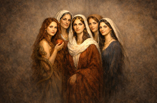 Five biblical women &mdash; Eve, Sarah, Rebecca, Rachel and Leah &mdash; in classic painted portrait in ancient clothing on dark background