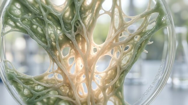 Synthetic Biology Research and Lab Grown Organic Tissue in Petri Dish. High-angle macro shot of a complex, translucent bio-engineered structure growing inside a glass Petri dish.