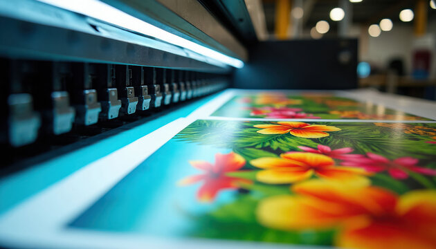 Industrial printer creates colorful floral designs on paper. Modern machine applies ink, producing large format prints with vibrant hues for commercial use. Precision printing operation shows