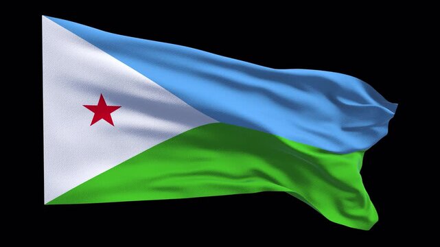 Animated national flag of Djibouti waving in the wind. Symbol of Djiboutian identity, unity, and national pride, featuring the white triangle with red star. Suitable for news visuals, political topics