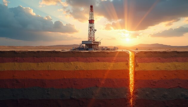 Oil rig extracts fossil fuels from deep earth layers. Cross section shows stratified ground with glowing molten energy. Extraction process begins at sunrise with sunset clouds.