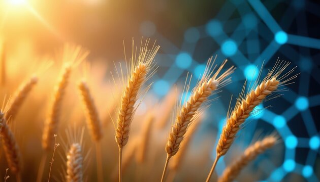 Golden wheat stalks sway in sunlit field. Digital network pattern glows in background. Illustrates agri-tech, future food systems, and crop innovation.