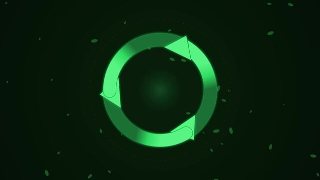 Green Glowing Recycle Arrows Rotating in a Digital Particle Background