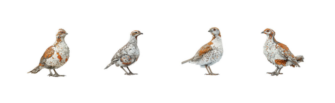 Four small partridge or quail birds with varied plumage in different isolated on transparent background