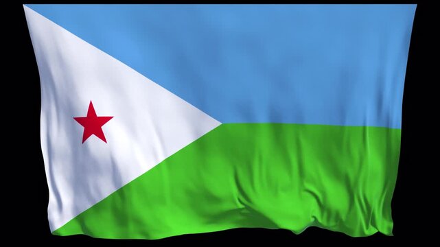 Animated national flag of Djibouti waving in the wind. Symbol of Djiboutian identity, unity, and national pride, featuring the white triangle with red star. Suitable for news visuals, political topics