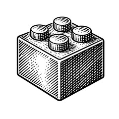 Naklejka premium Black and white illustration of a single classic toy building block with four studs on top, isolated on a plain background