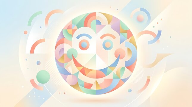 Abstract colorful geometric smiley face illustration with soft pastel shapes and a happy expression in a modern minimalist graphic design style
